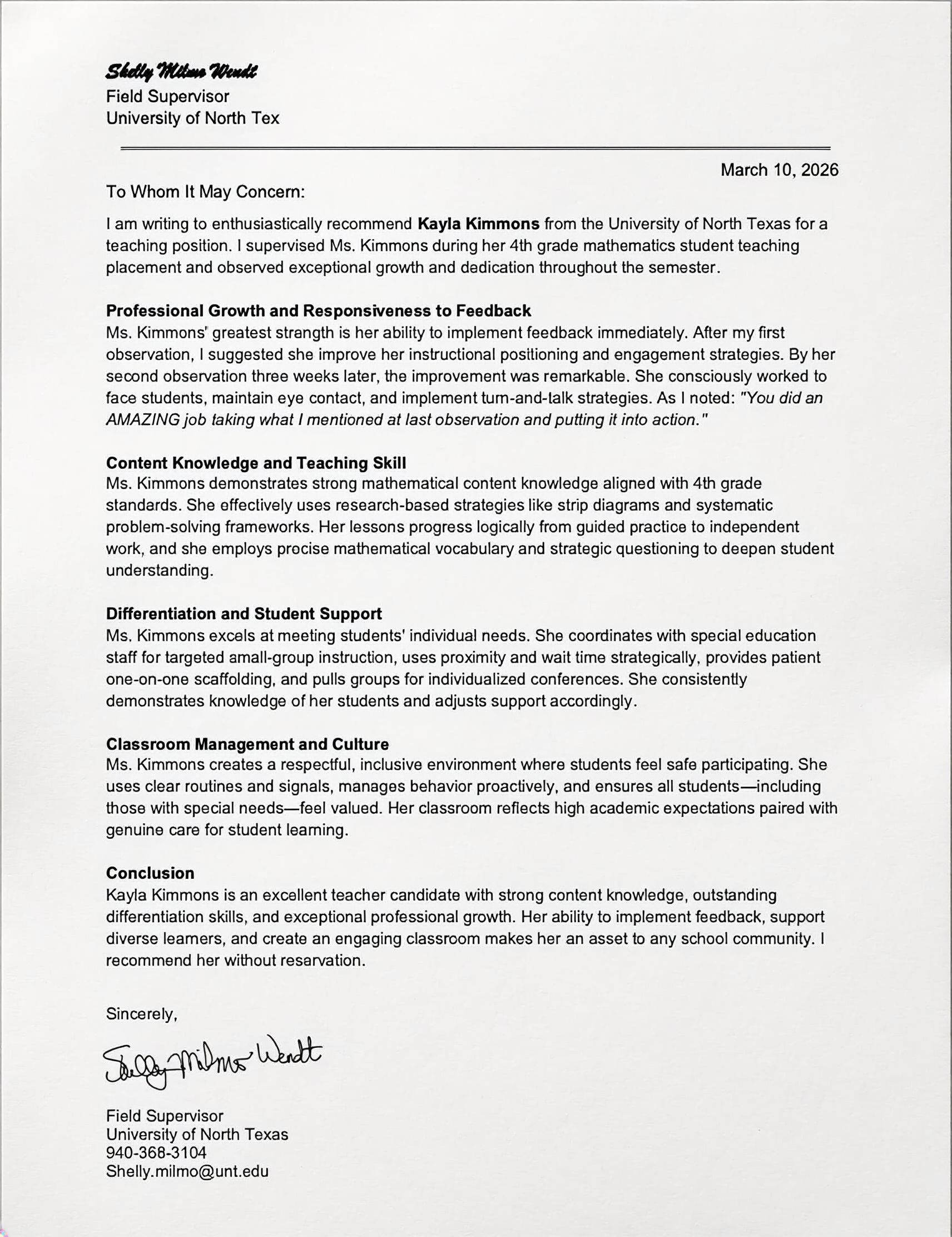 Recommendation from Shelly Milmo Wendt
